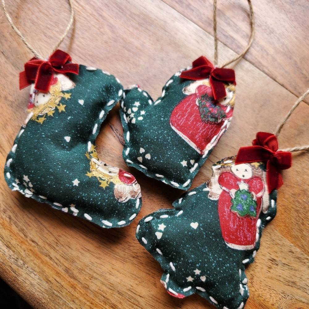 Handmade handsewn Christmas Fabric Ornaments Set Of 3 - Picture 2 of 6